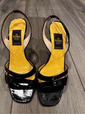 Fendi 681982 Black Patent Slingback Heels EU 36.5 Made In Italy With Box US6